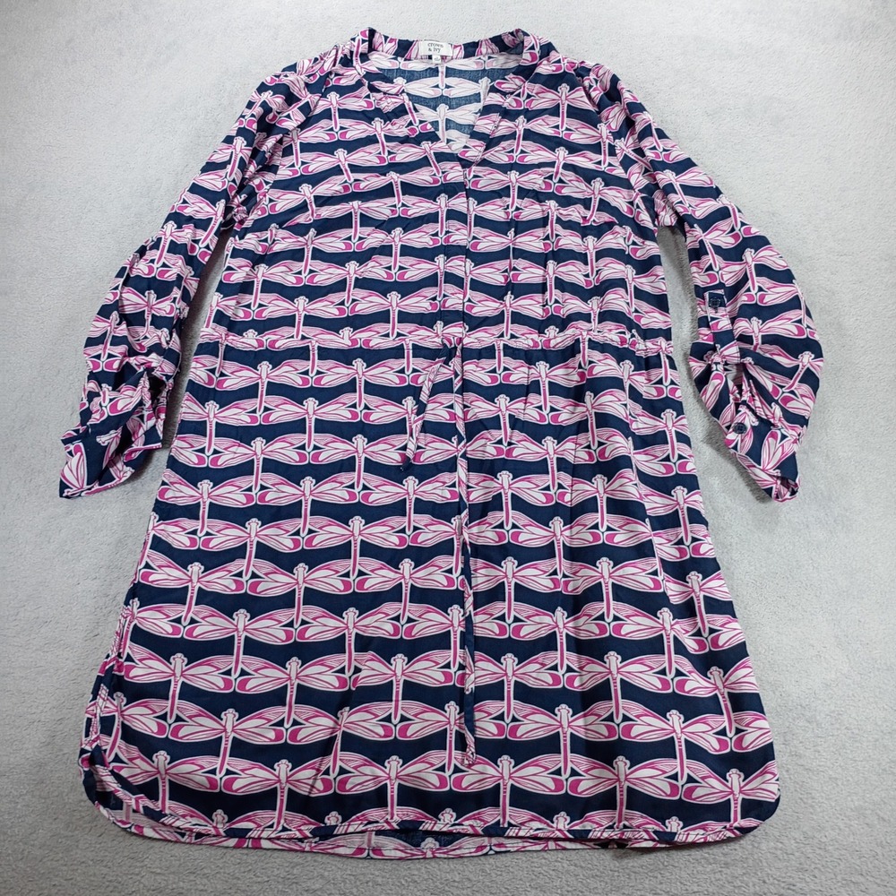 Crown & Ivy Women Dress Navy Pink Dragonfly Print 12 Roll Tab Sleeve